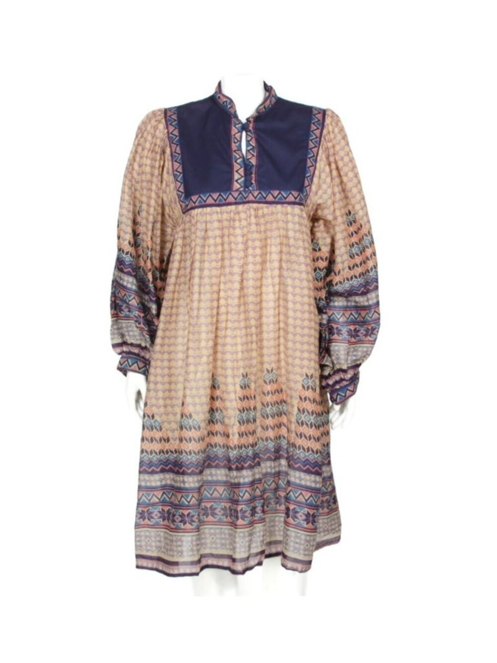 KAISER Vintage 1970s Hippie Boho Indian Style Block Print Cotton Dress sz L /796